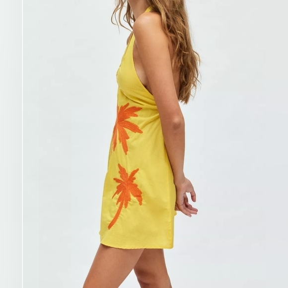 Kimchi Blue Ava Embroidered Halter Mini Dress Swim Coverup, Yellow Orange Palm S - Picture 4 of 15